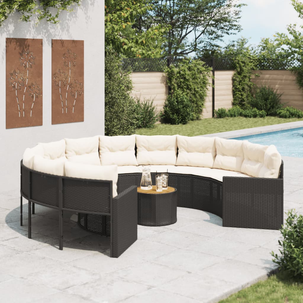 havesofa med bord og hynder rund polyrattan sort billede