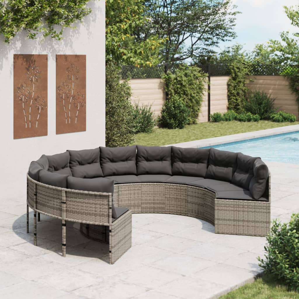 havesofa med hynder rund polyrattan grå billede