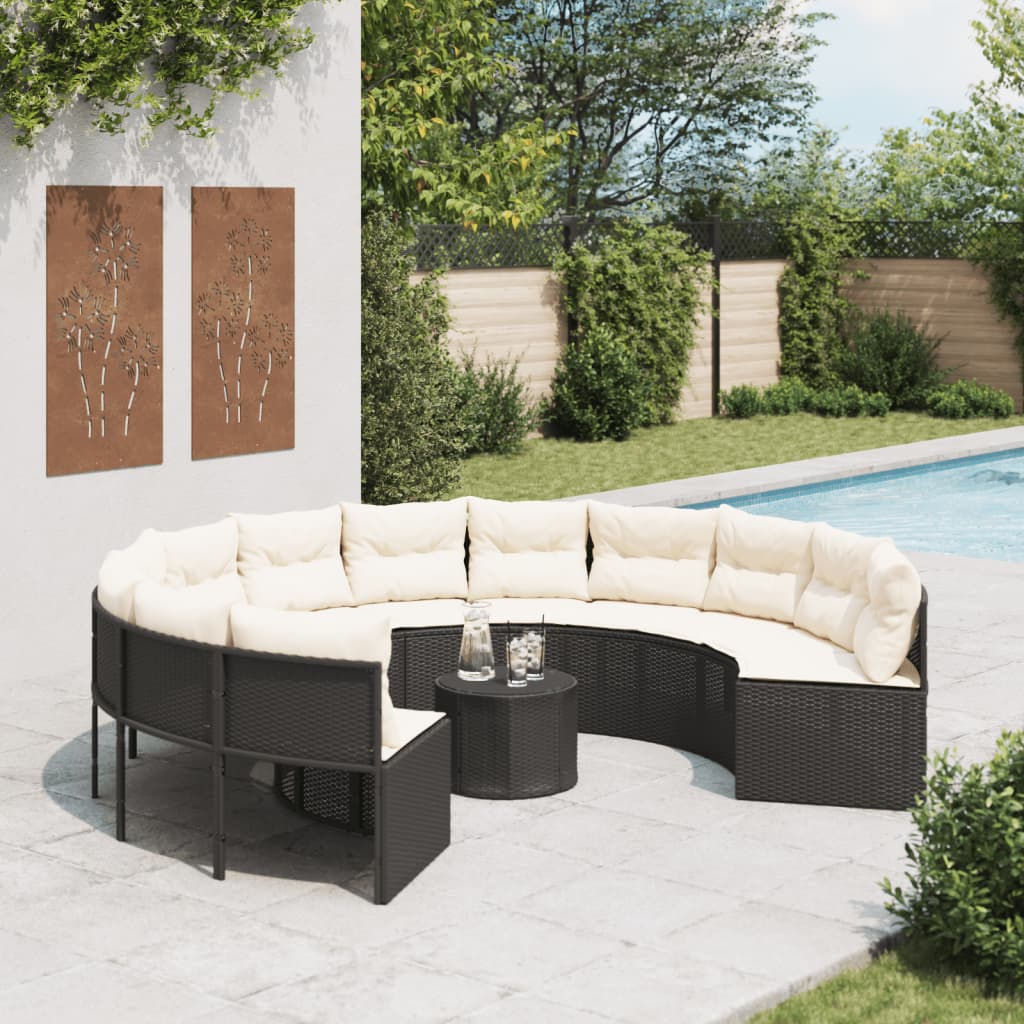 havesofa med bord og hynder rund polyrattan sort billede