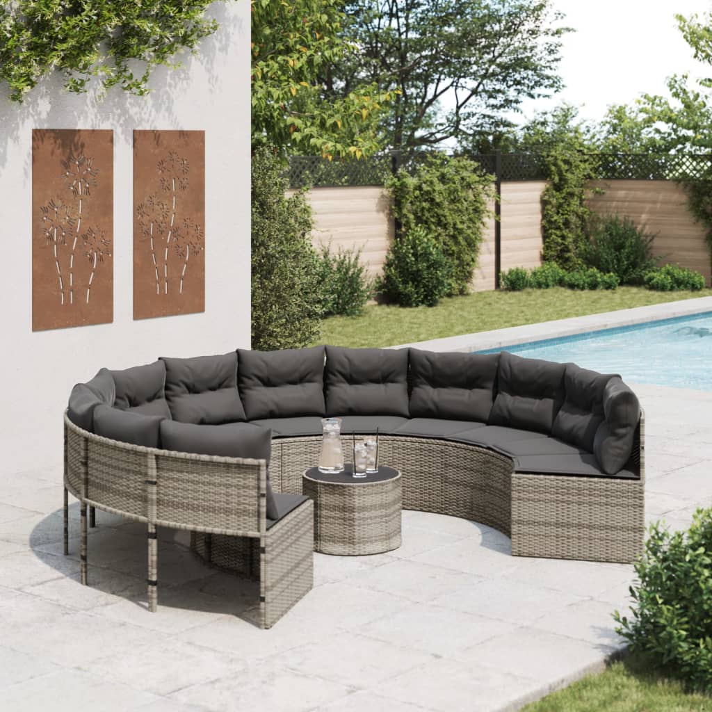 havesofa med bord og hynder rund polyrattan grå billede