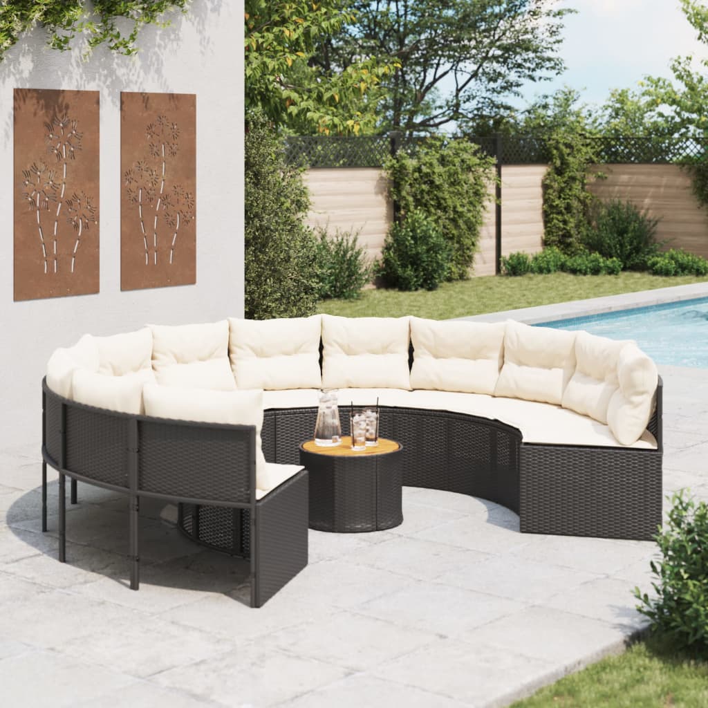 havesofa med bord og hynder rund polyrattan sort billede