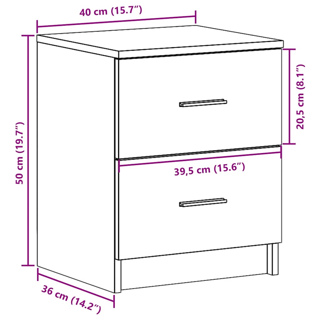 sengebord med 2 skuffer 40x36x50 cm hvid