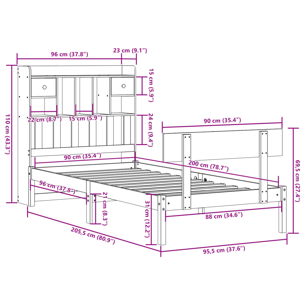 seng med reol uden madras 90x200 cm massivt fyrretræ