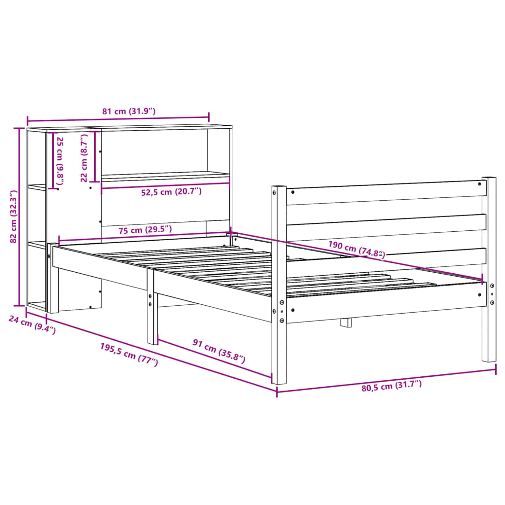 seng med reol uden madras 75x190 cm massivt fyrretræ hvid