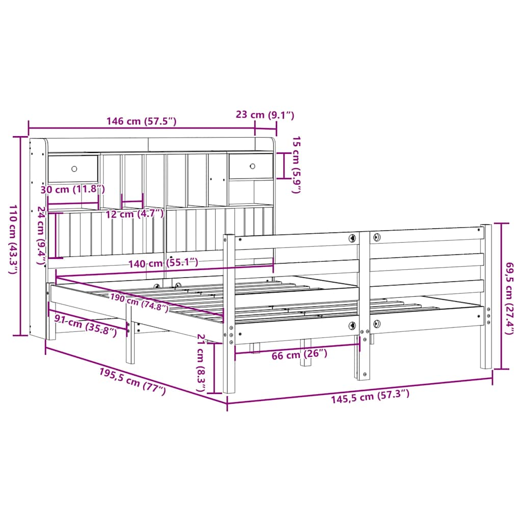 seng med reol uden madras 140x190 cm massivt fyrretræ hvid