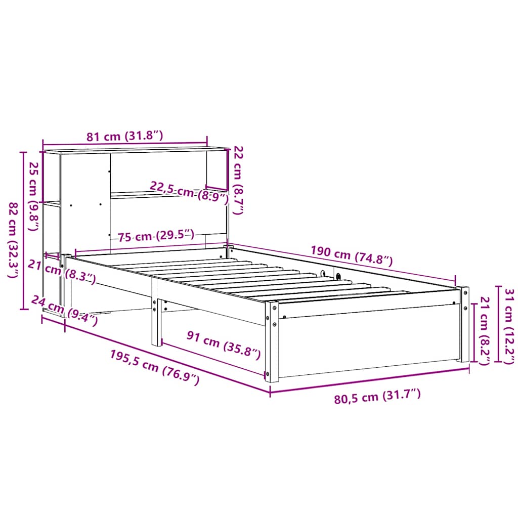 seng med reol uden madras 75x190 cm massivt fyrretræ hvid
