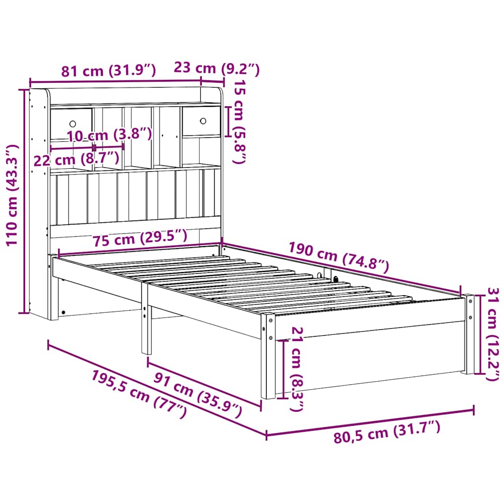 seng med reol uden madras 75x190 cm massivt fyrretræ hvid