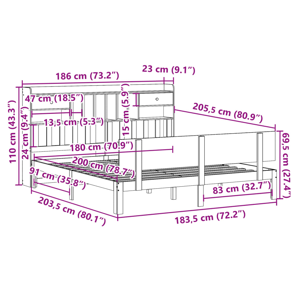 seng med reol uden madras 180x200 cm massivt fyrretræ hvid