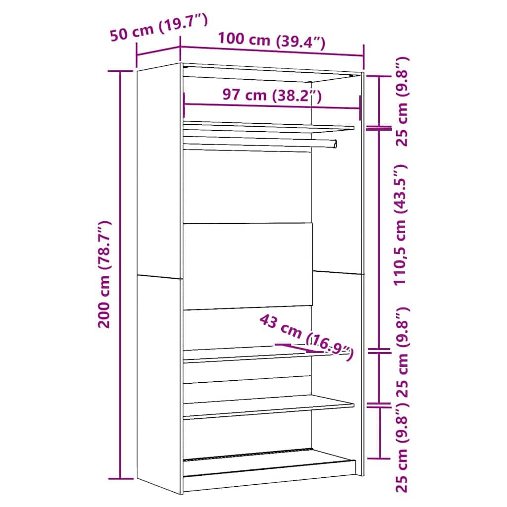 klædeskab 100x50x200 cm konstrueret træ egetræslook