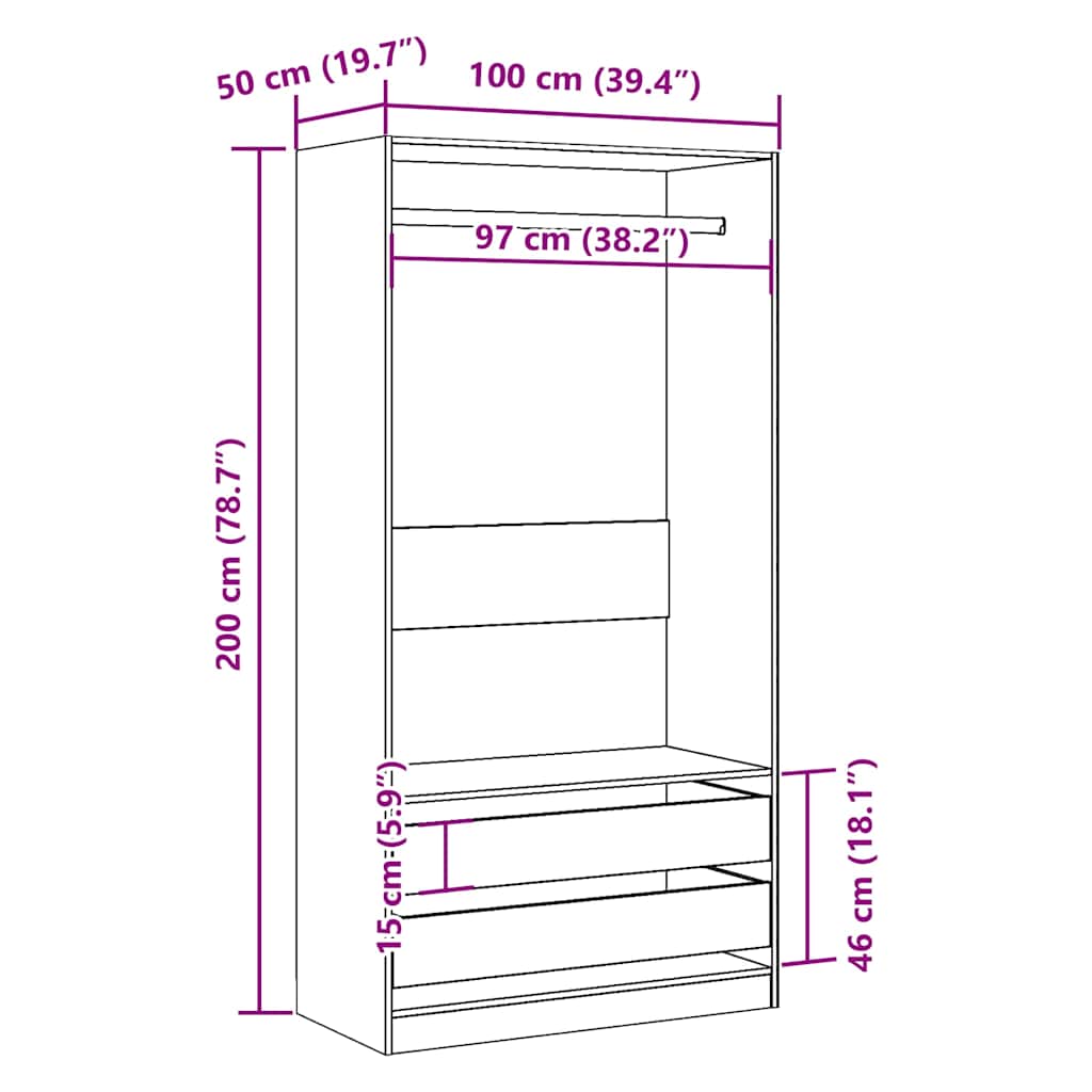 klædeskab 100x50x200 cm konstrueret træ gammelt trælook