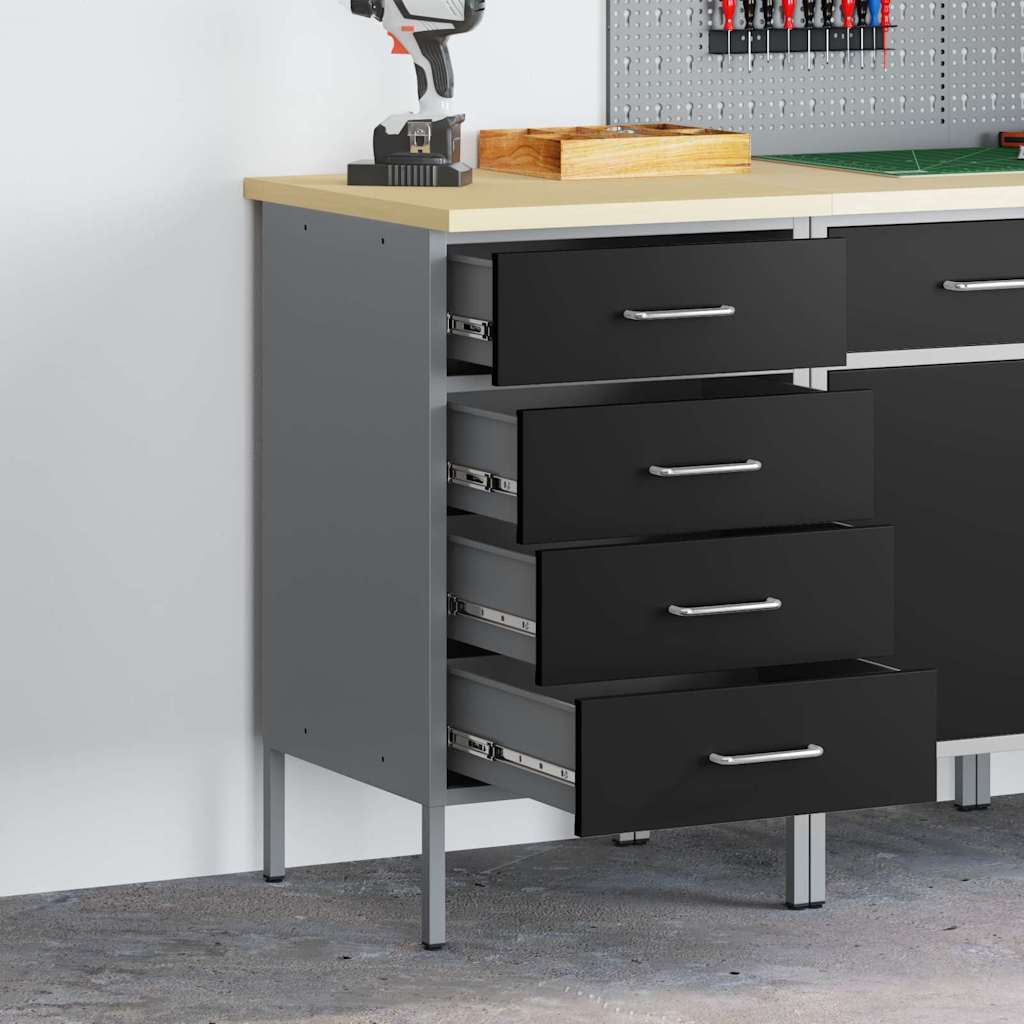 Arbejdsbænk med 4 skuffer - sort/grå, 50 × 55 × 85 cm, ingeniørtræ og stål