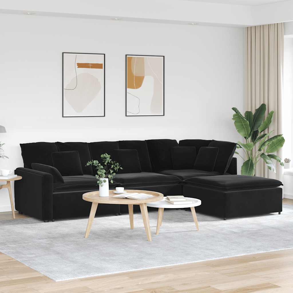 modulsofa med fodskammel og hynder fløjl sort