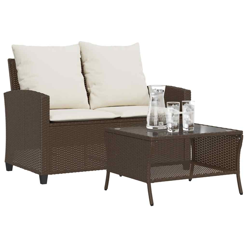 2-Personers Sofa Med Hynder Og Bord Polyrattan - Brun / Cremefarvet