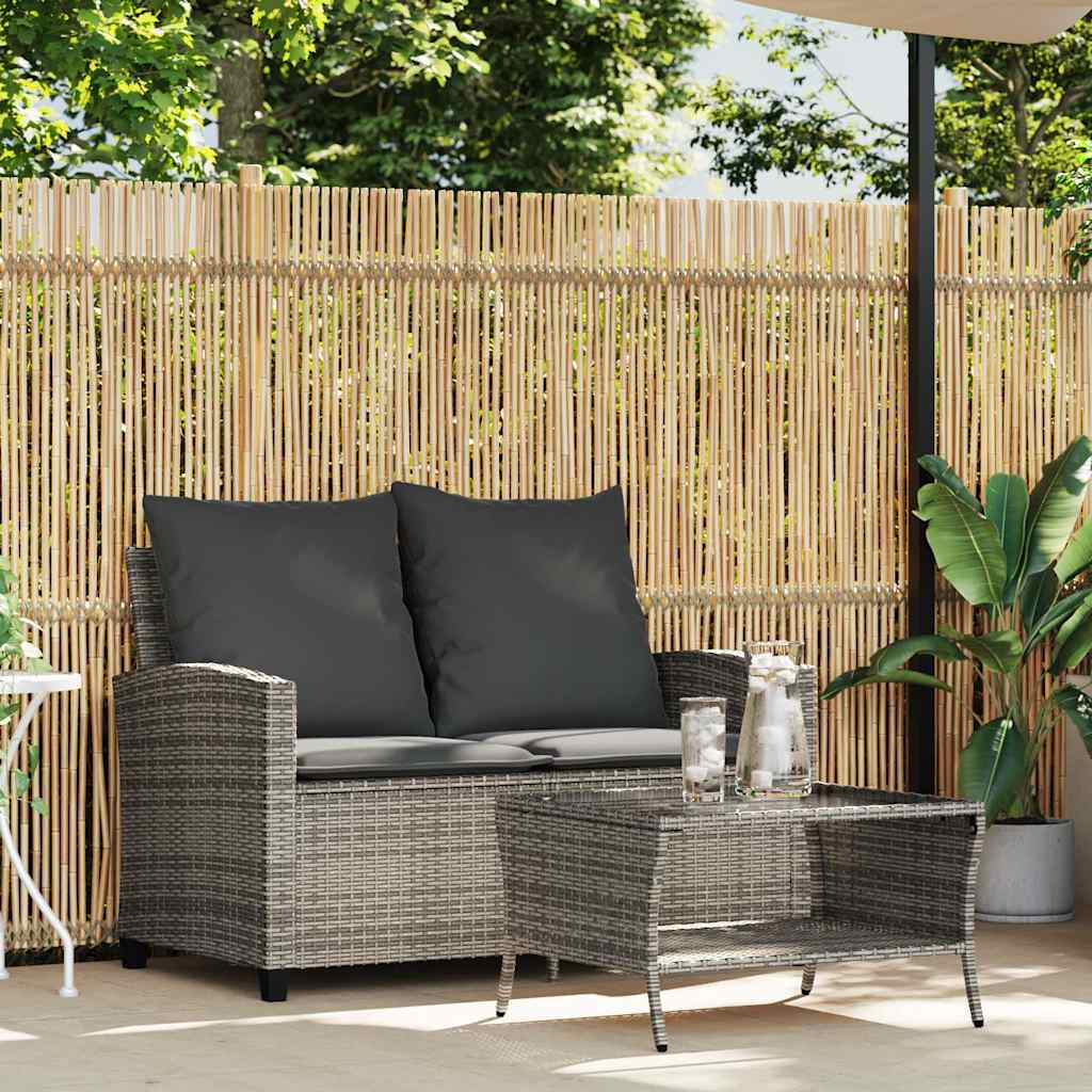 2-personers sofa med hynder og bord polyrattan grå