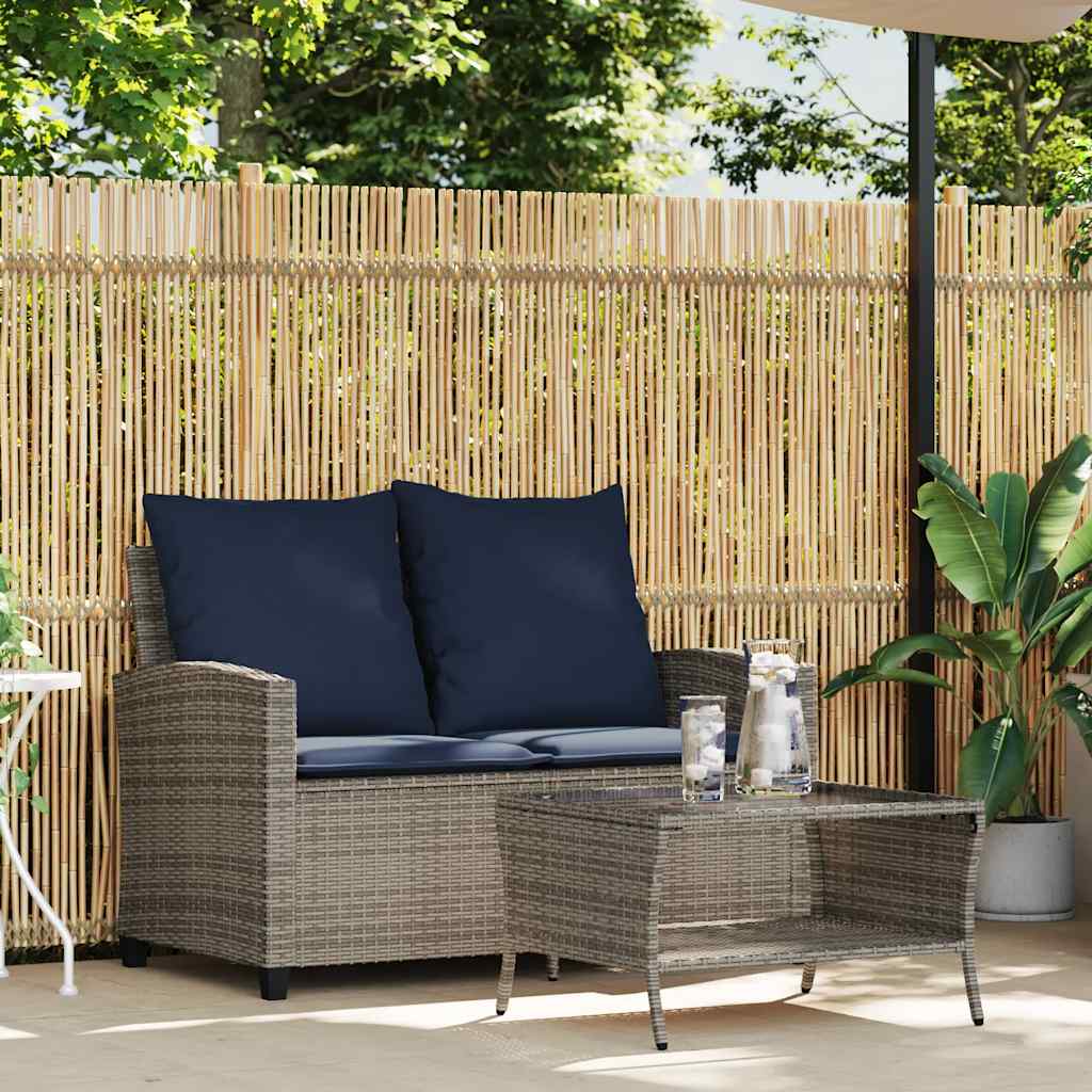 2-personers sofa med hynder og bord polyrattan grå
