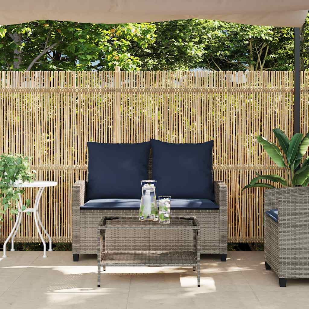 2-personers sofa med hynder og bord polyrattan grå