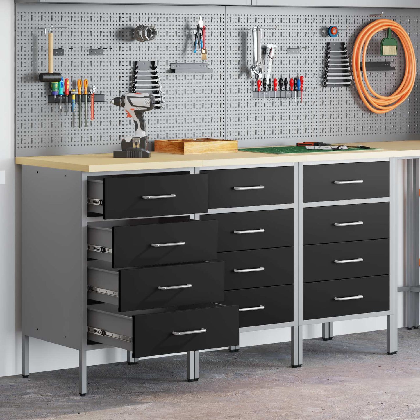 Arbejdsskab med skuffe 3 pcs Sort og grå 150 x 55 x 85 cm