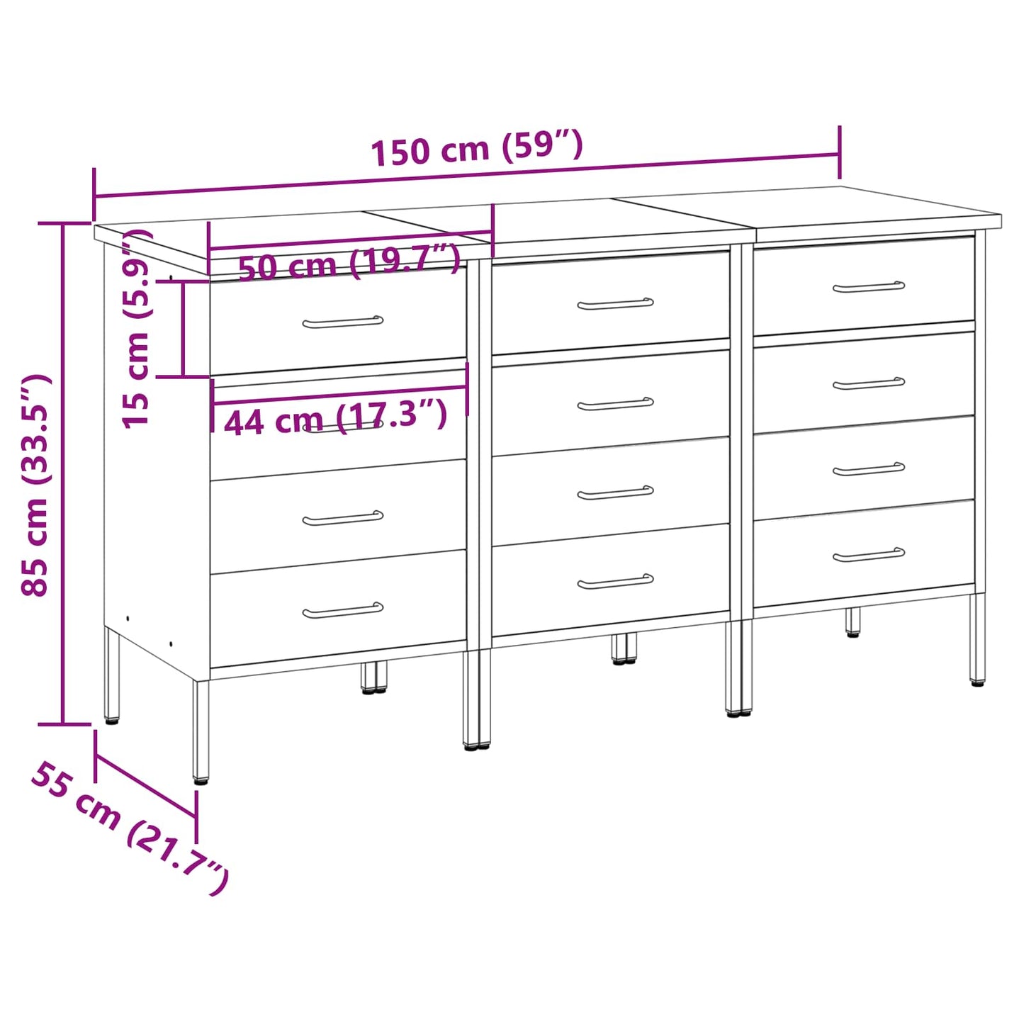 Arbejdsskab med skuffe 3 pcs Sort og grå 150 x 55 x 85 cm