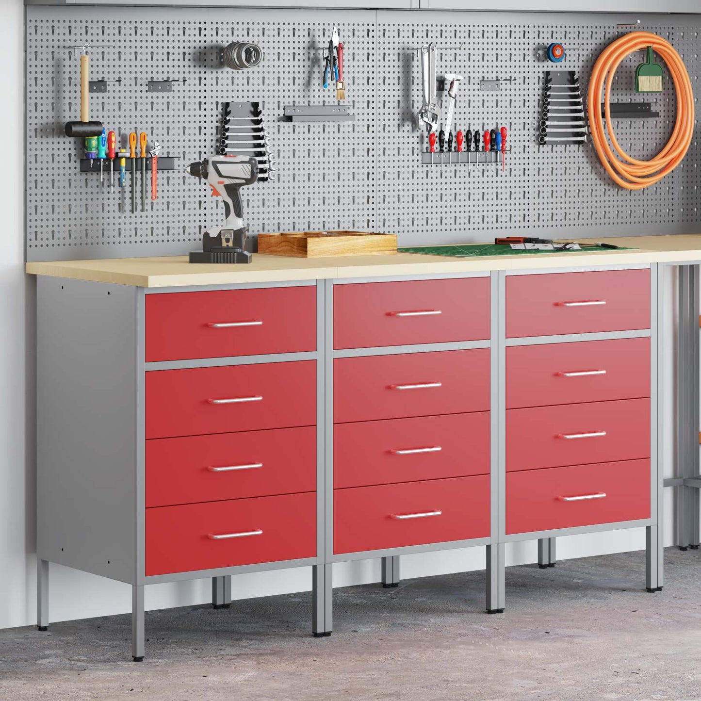 Arbejdsskab med skuffe 3 pcs Rød og Grå 150 x 55 x 85 cm