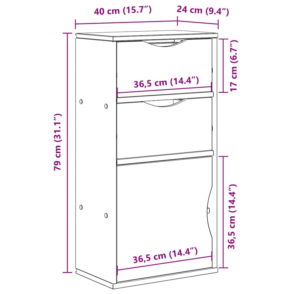 sideskab ODDA med skuffer 40x24x79 cm massivt fyrretræ hvid