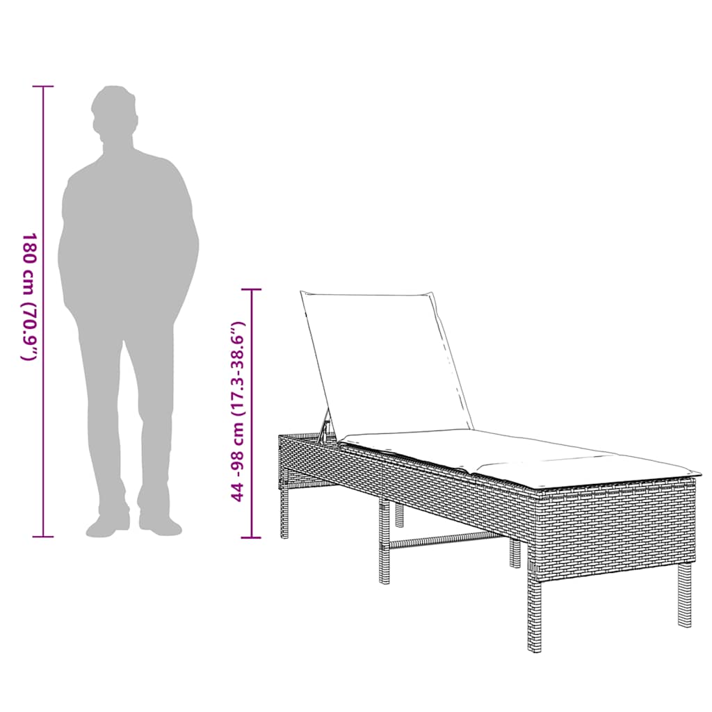 liggestol med hynde 55x200x44 cm polyrattan brun