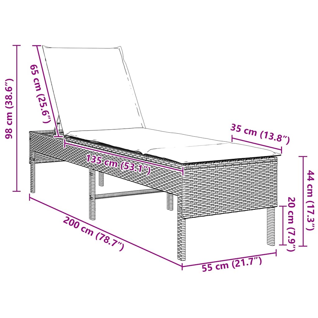 liggestol med hynde 55x200x44 cm polyrattan lysegrå