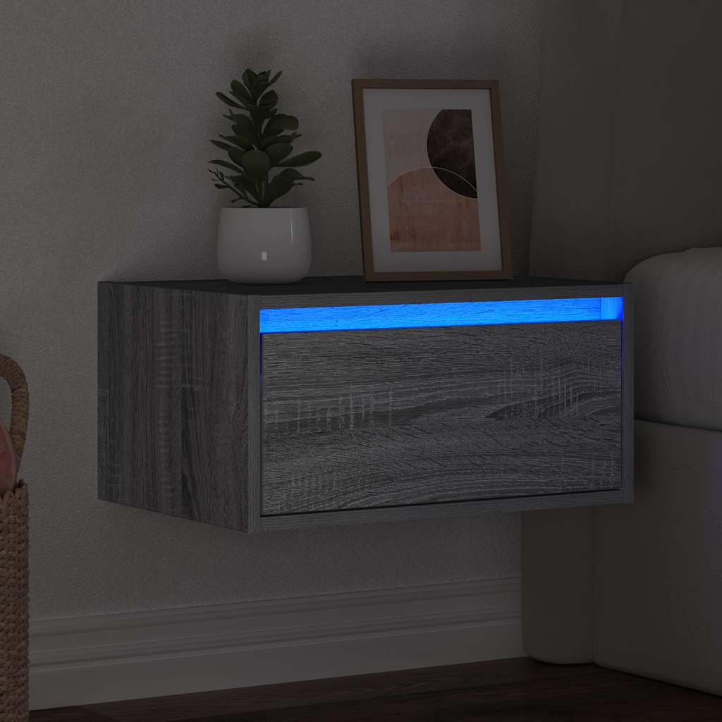 væghængt sengebord med LED-lys grå sonoma-eg