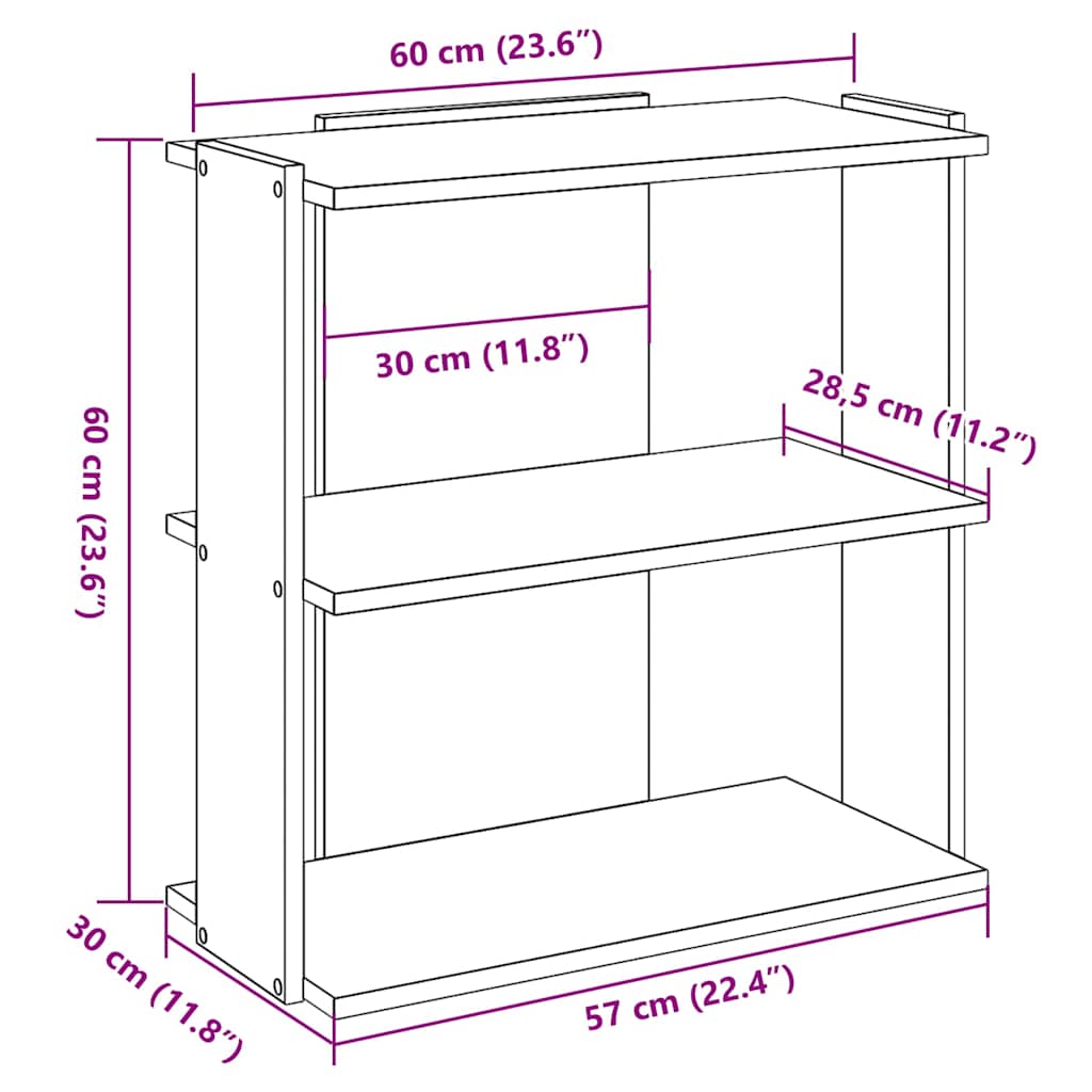 bogreol med 3 hylder 60x30x60 cm konstrueret træ antikt træ