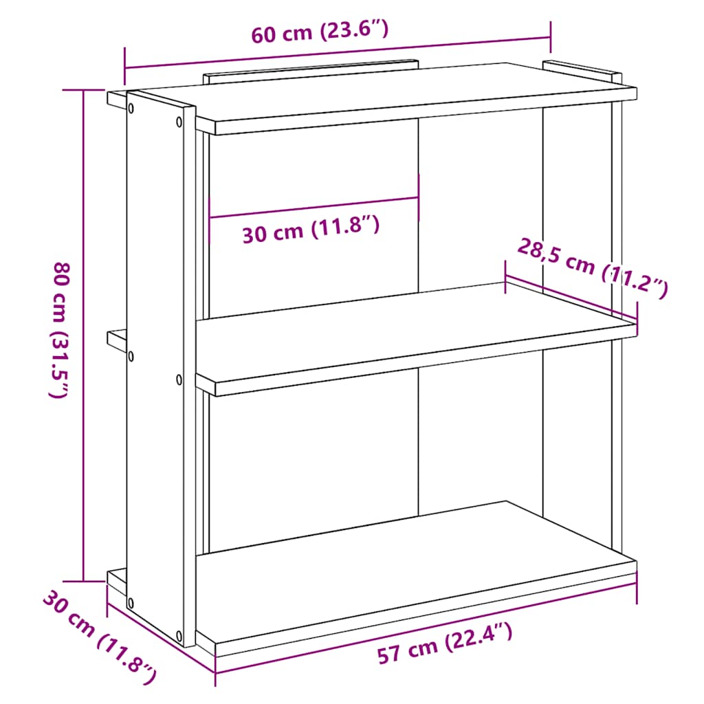 bogreol med 3 hylder 60x30x80 cm konstrueret træ sort