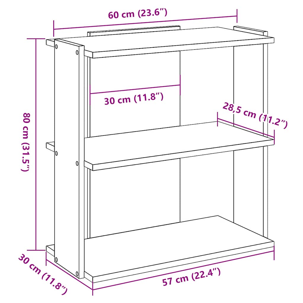 bogreol 60x30x80 cm 3 hylder konstrueret træ betongrå