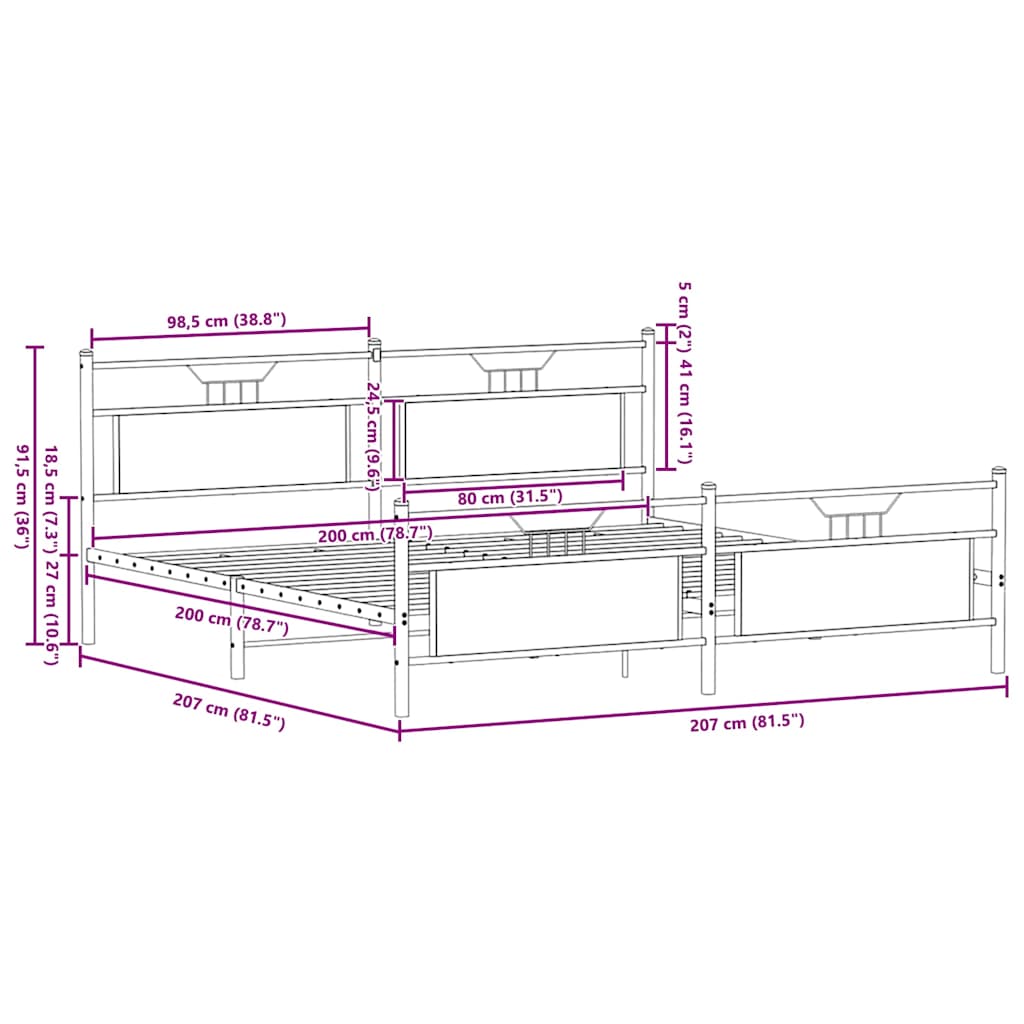 sengeramme uden madras 200x200 cm metal røget egetræsfarve