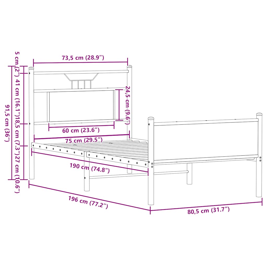 sengeramme 75x190 cm uden madras konstrueret træ brunt eg