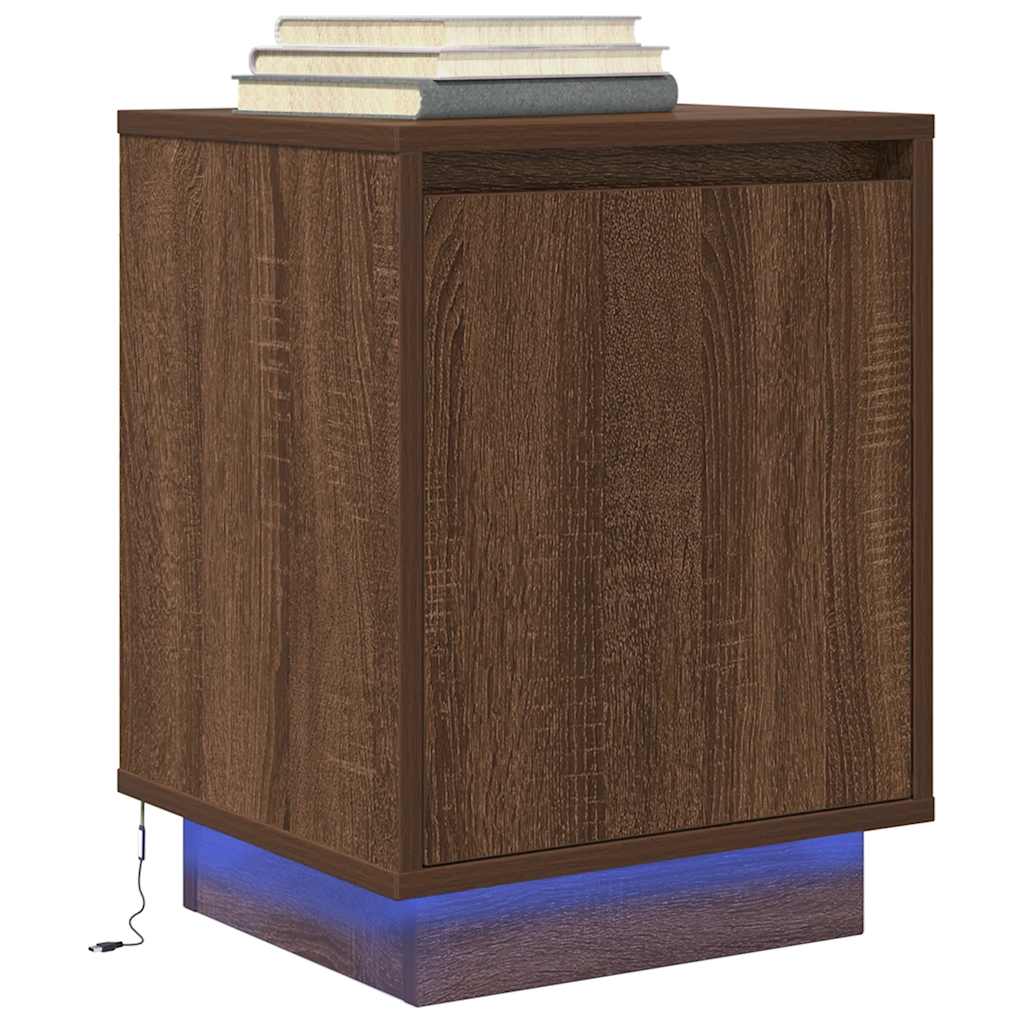 Sengeskab med LED-lys Brun Eg 38x34x50 cm