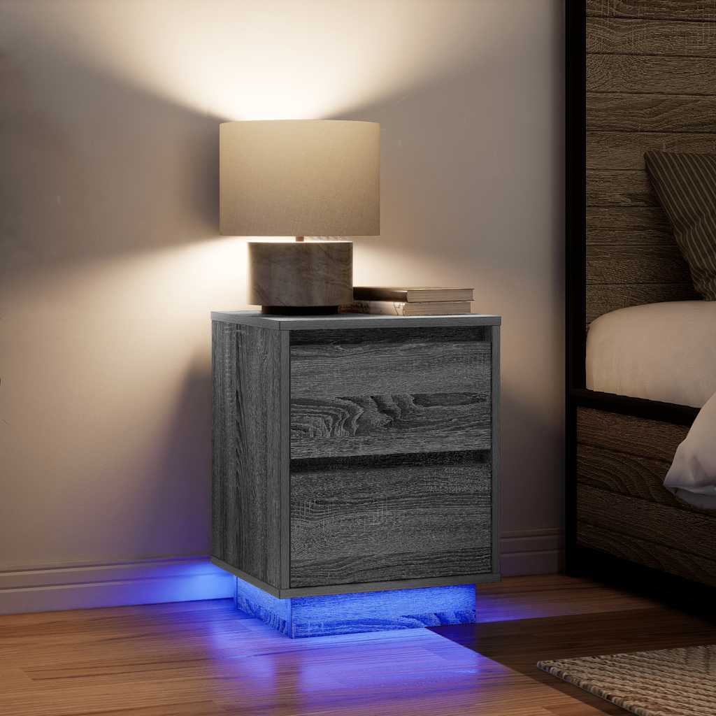 sengeskabe 2 stk. med LED-lys 38x34x50 cm grå sonoma-eg