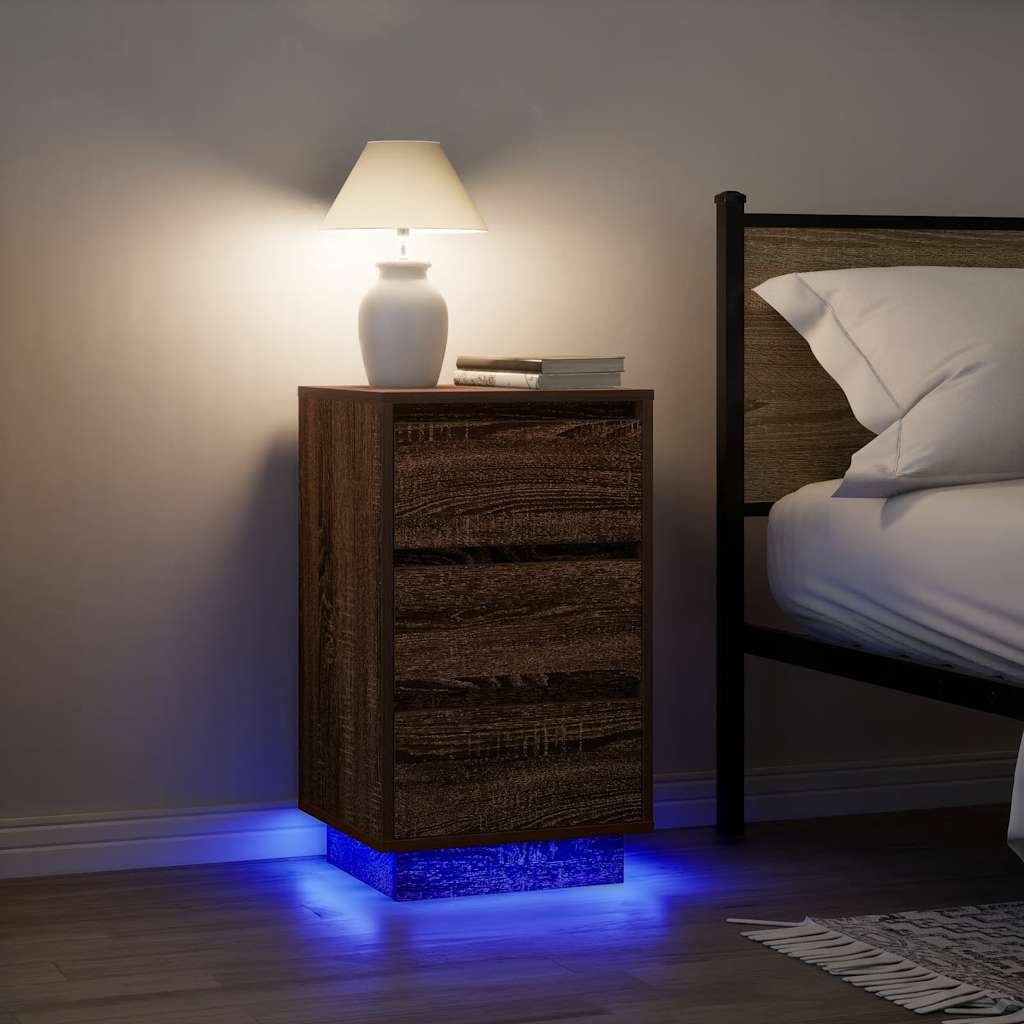 sengeborde med LED-lys 38x34x65 cm brun egetræsfarve