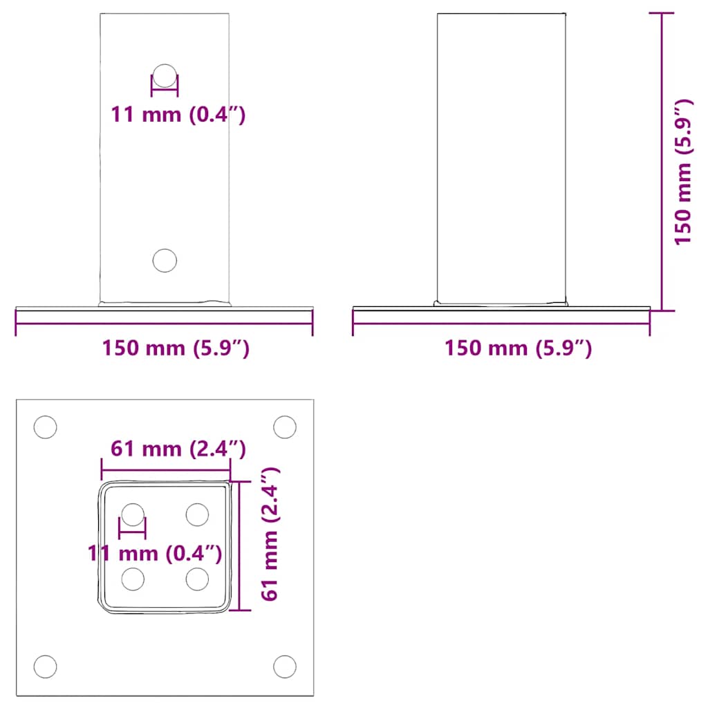 stolpefødder firkantet 4 stk. 61x61 mm galvaniseret stål