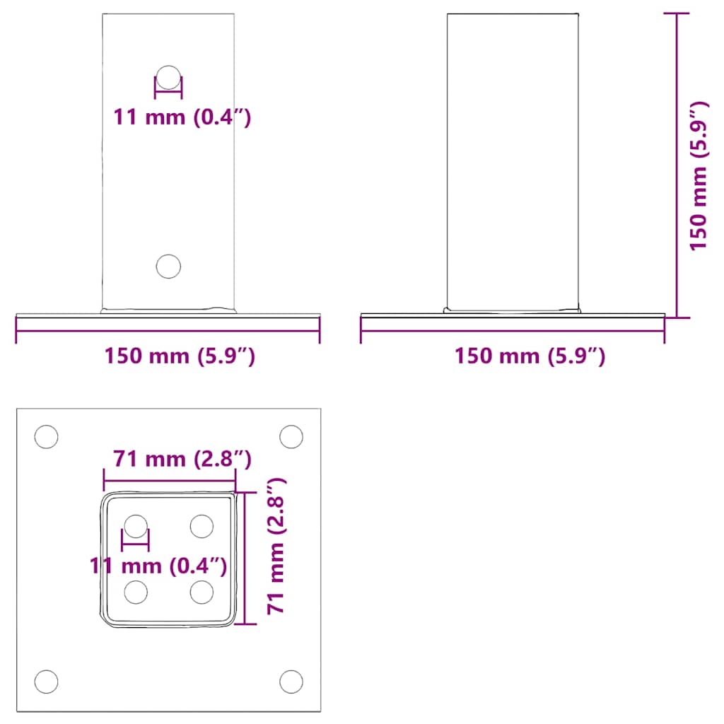 stolpefødder firkantet 12 stk. 71x71 mm pulverlakeret stål