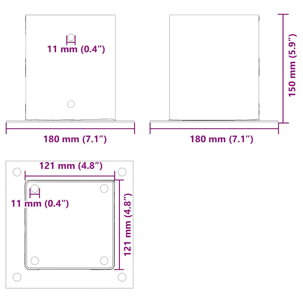 stolpefødder firkantet 4 stk. 121x121 mm pulverlakeret stål