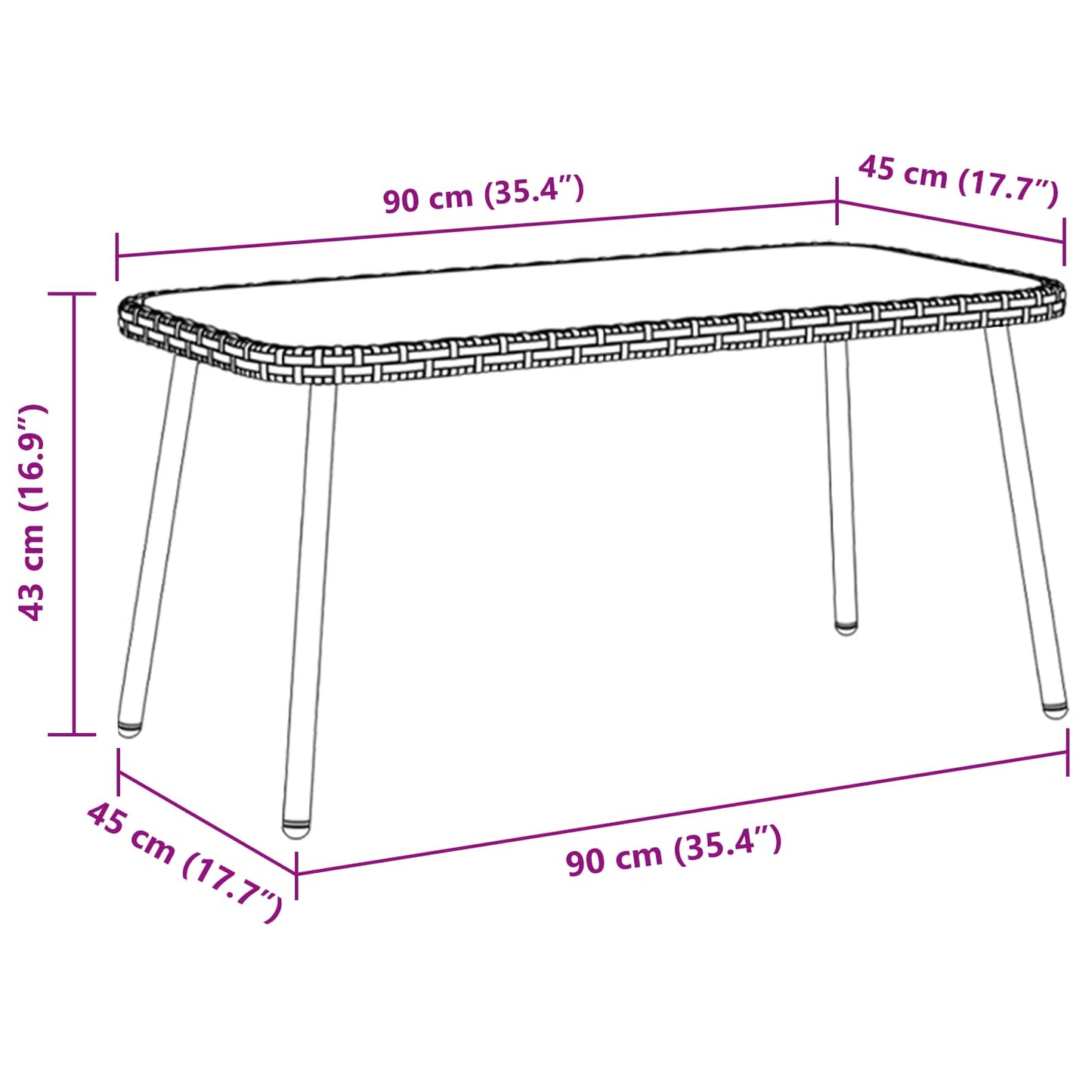Sofabord Sort 90 x 45 x 43 cm polyrattan
