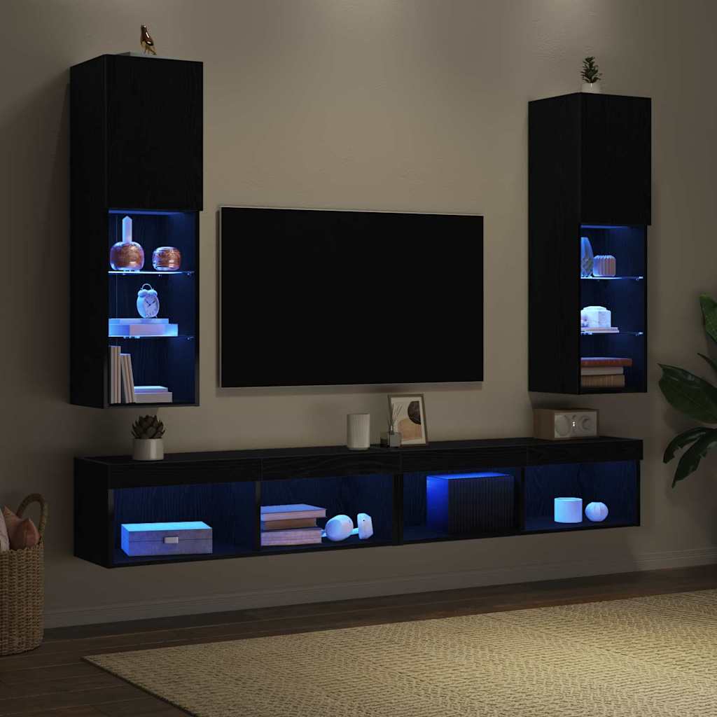 TV-møbelsæt 2 pcs Sort eg 30,5 x 30 x 102 cm Konstrueret træ