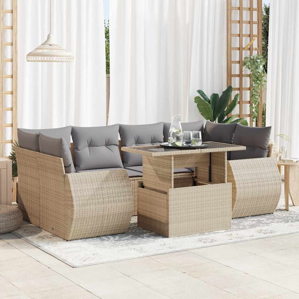 sofasæt til haven 7 dele med hynder polyrattan beige