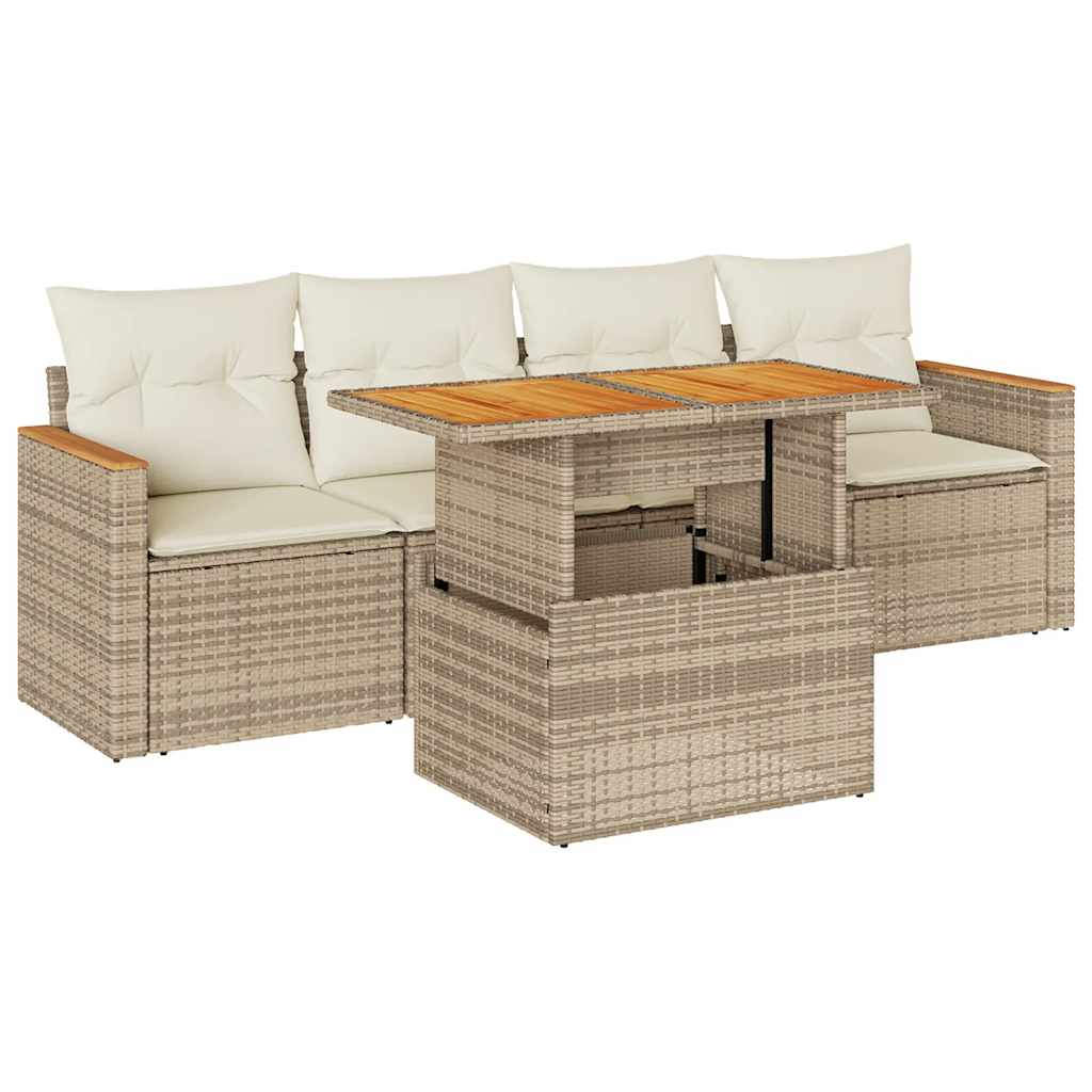 sofasæt til haven 5 dele med hynder polyrattan og akacie beige