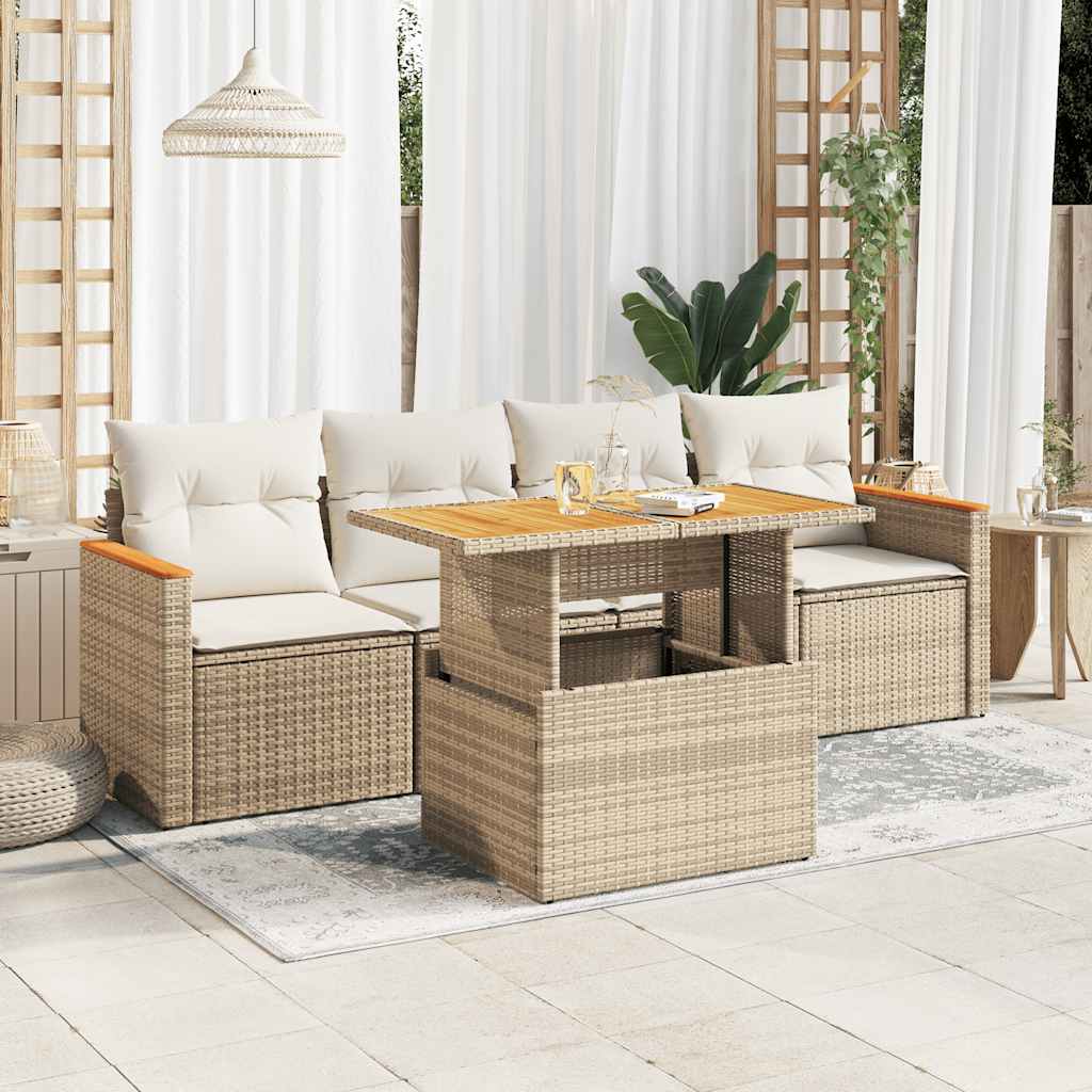sofasæt til haven 5 dele med hynder polyrattan og akacie beige