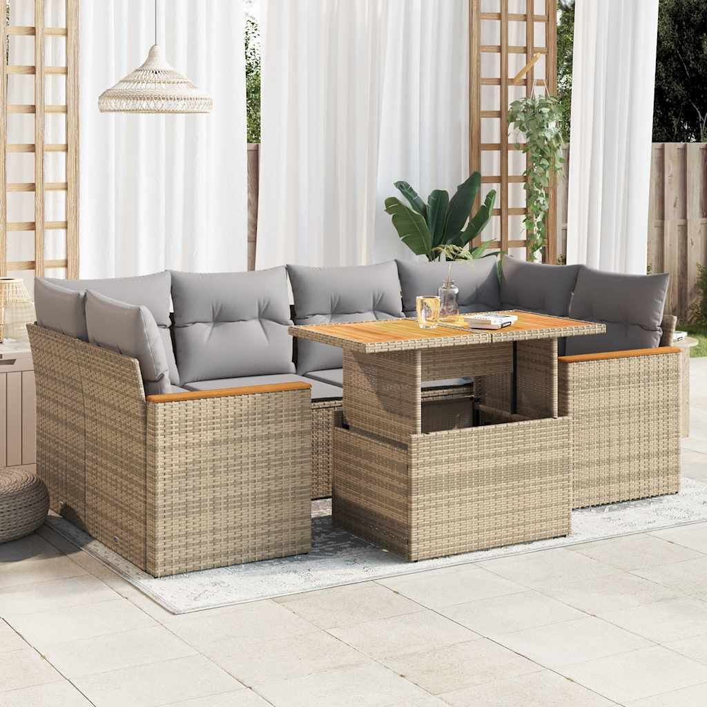 sofasæt til haven 6 dele med hynder polyrattan akacietræ beige