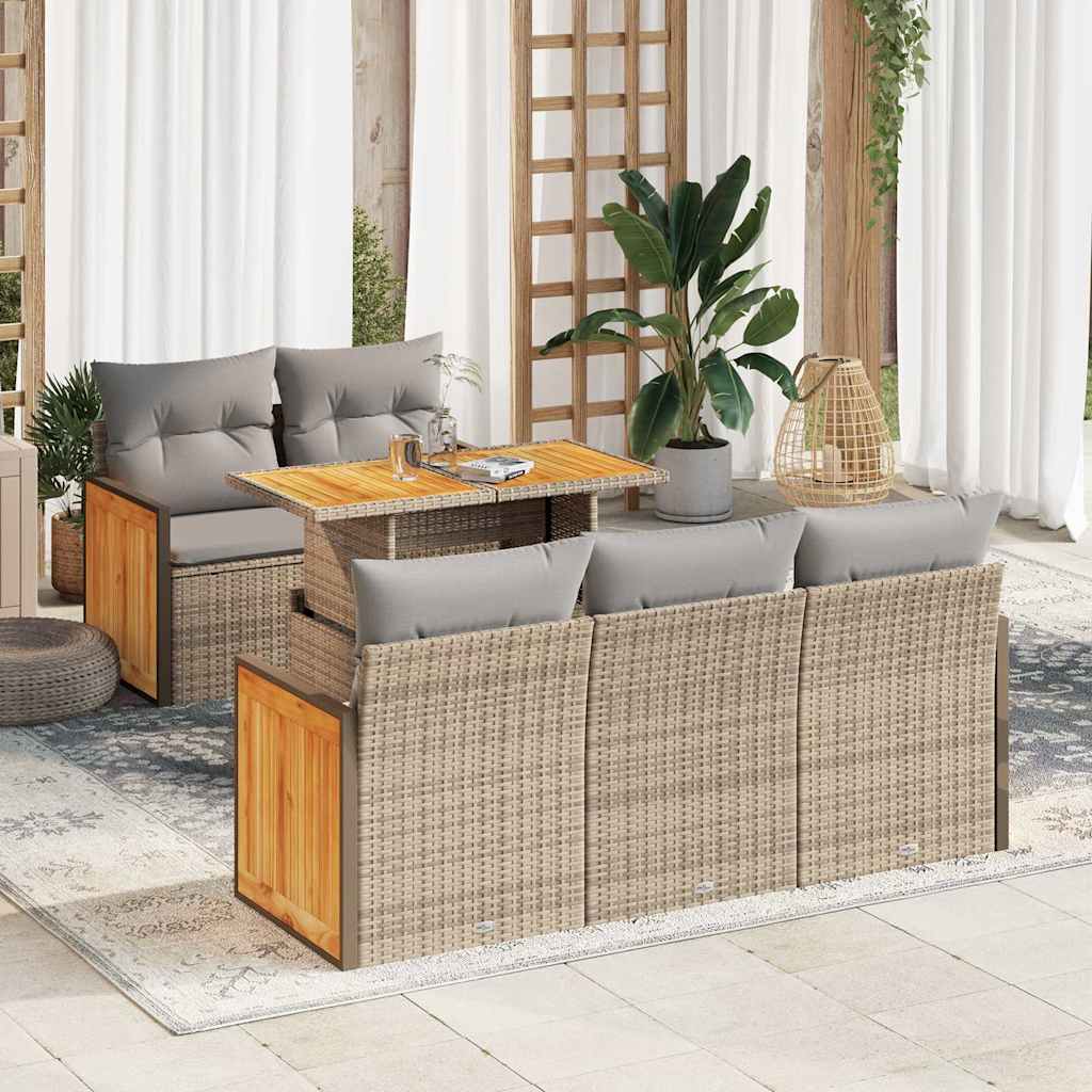 sofasæt til haven 6 dele med hynder polyrattan akacietræ beige