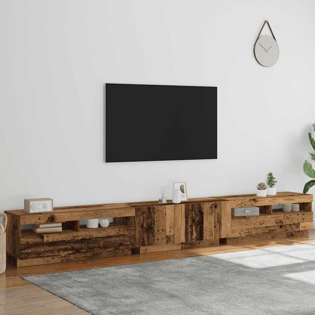 tv-bord m. LED-lys 300x35x40 cm konstrueret træ antikt træ
