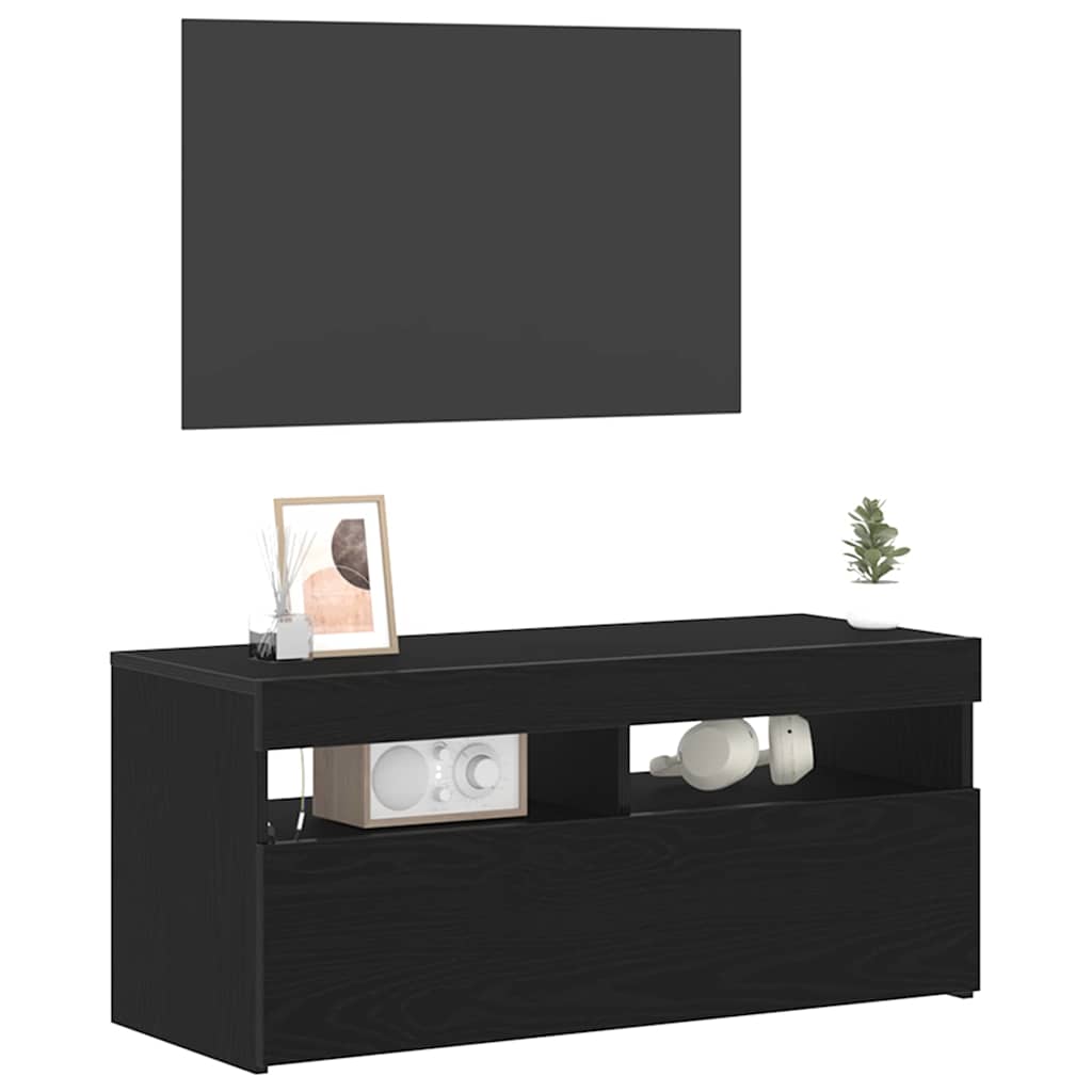TV-skab med LED Sort eg 90 x 35 x 40 cm Konstrueret træ