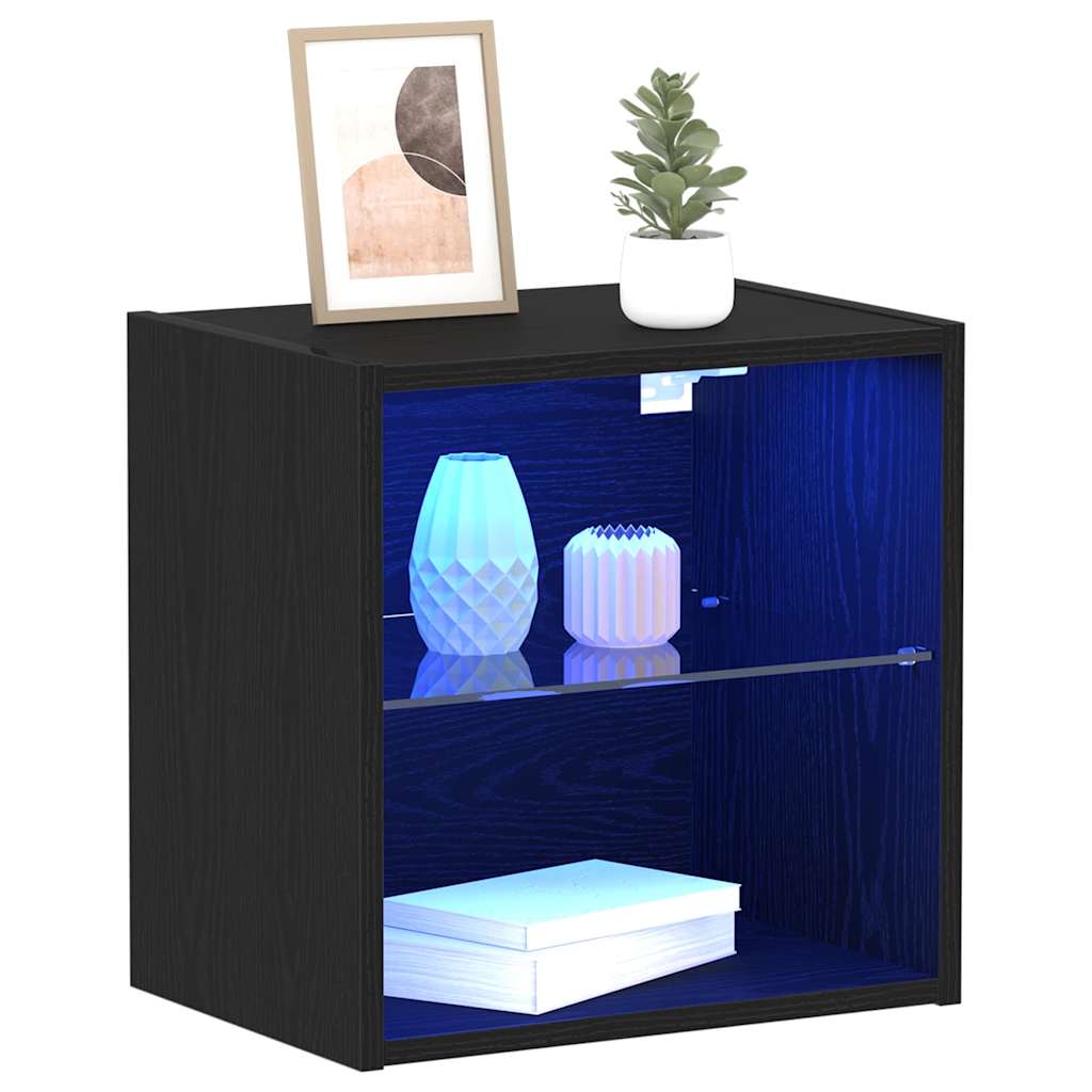 Flydende hylde med LED lys med hylde Sort 40 x 28,5 x 40 cm