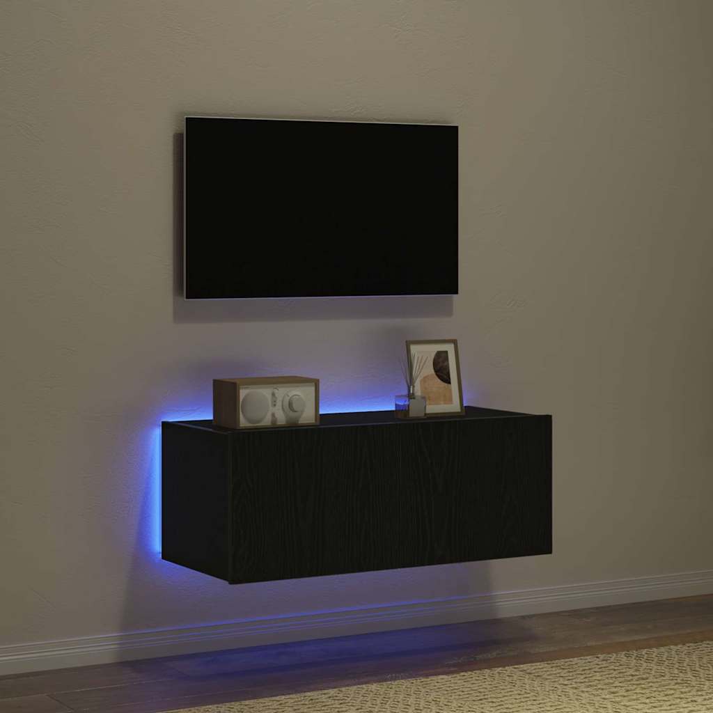 TV vægskab med LED Sort eg 80 x 35 x 31 cm Konstrueret træ