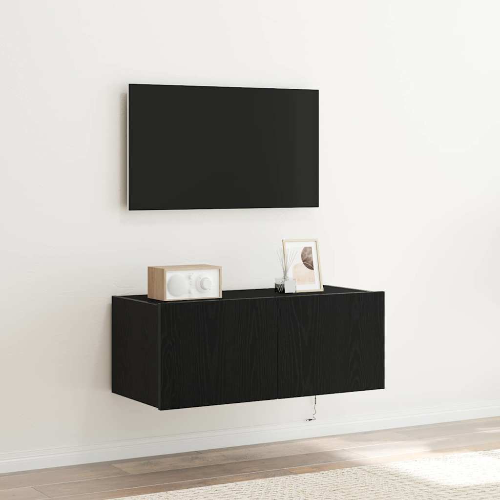 TV vægskab med LED Sort eg 80 x 35 x 31 cm Konstrueret træ